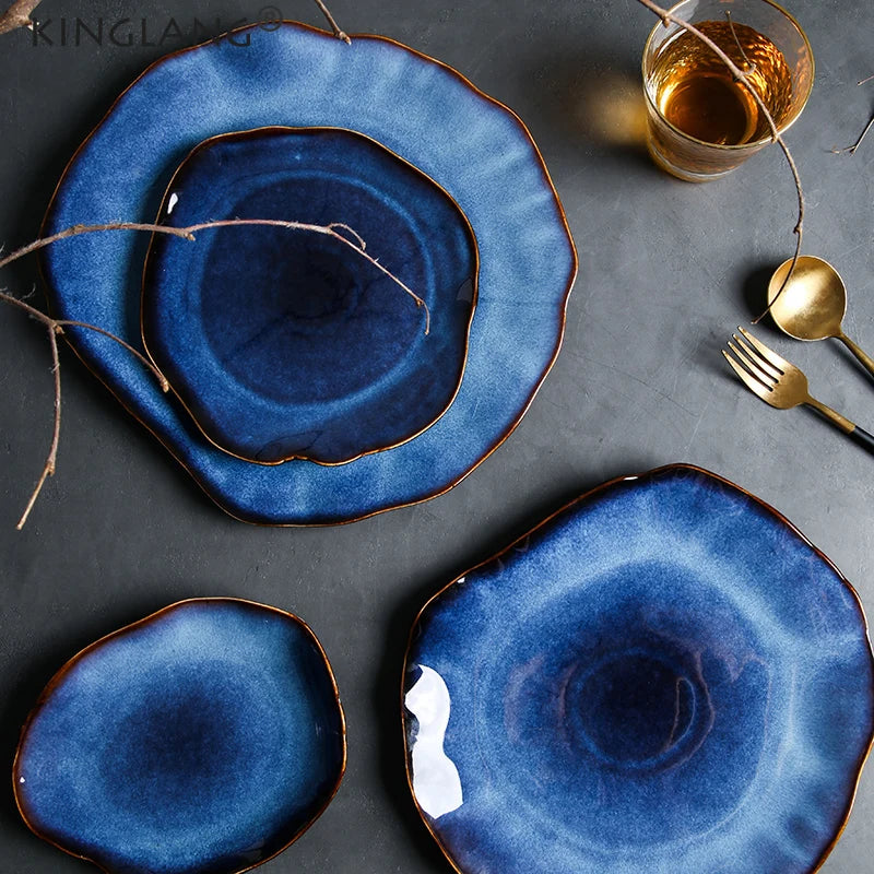 KINGLANG Japanese Ceramic Dinner Plates – Handmade Irregular Pottery Flat Dishes for Modern Dining and Food Presentation