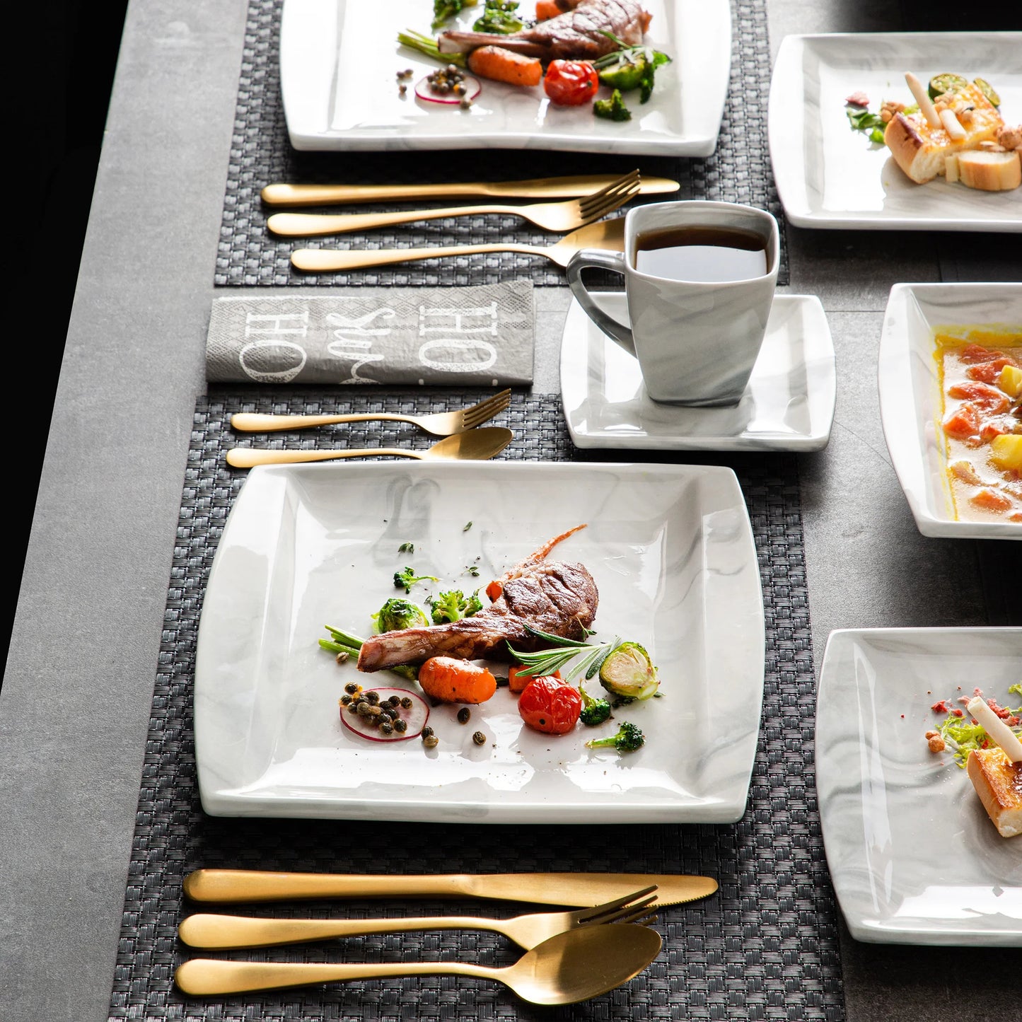 MALACASA 30/60-Piece Marble Grey Porcelain Dinnerware Set | Modern Tableware for 6–12 Persons with Plates, Cups & Saucers