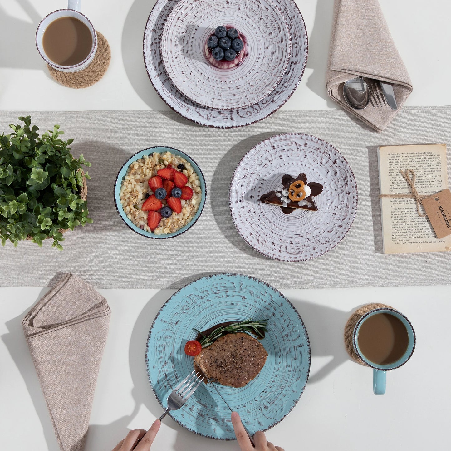 Vancasso VINE 16/32/48-Piece Ceramic Dinnerware Set | Rustic Stoneware Plates, Bowls & Mugs for 12-Person Dining