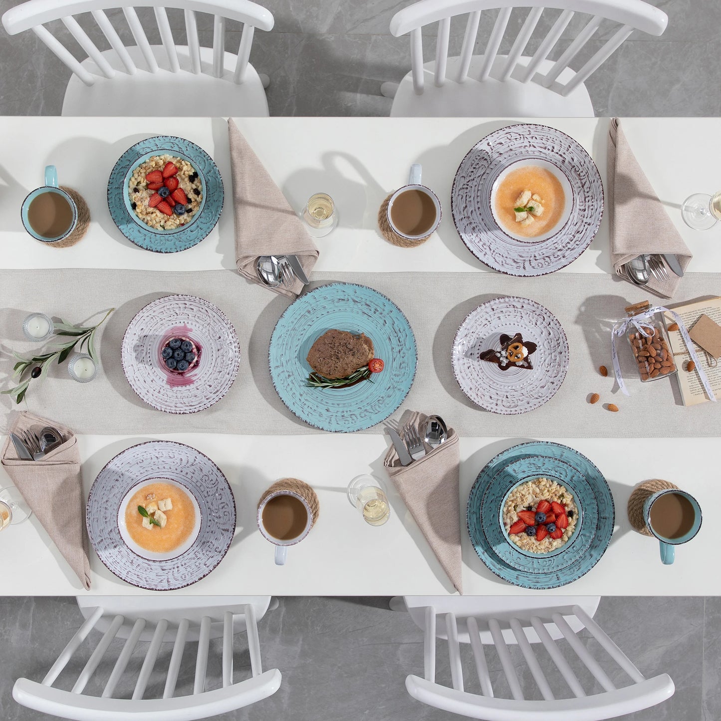 Vancasso VINE 16/32/48-Piece Ceramic Dinnerware Set | Rustic Stoneware Plates, Bowls & Mugs for 12-Person Dining
