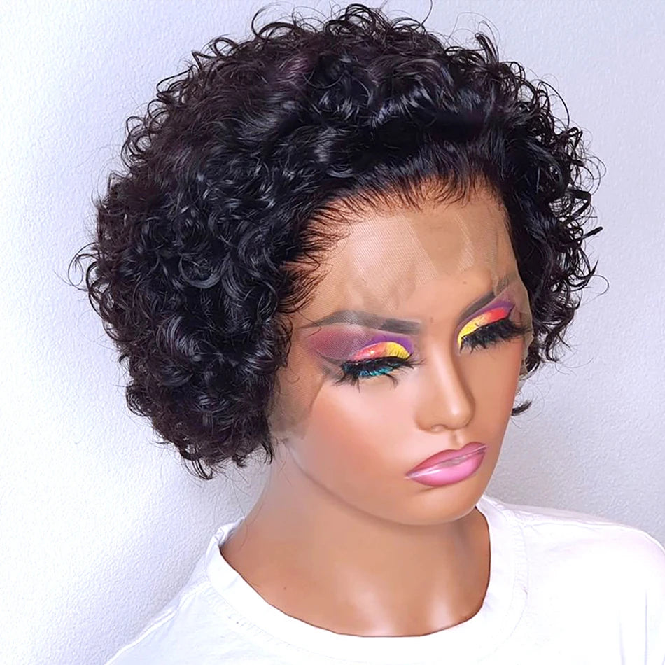 99J Burgundy Highlight Short Curly Pixie Cut Human Hair Lace Front Wig – Pre-Plucked 13×2 Bob Style