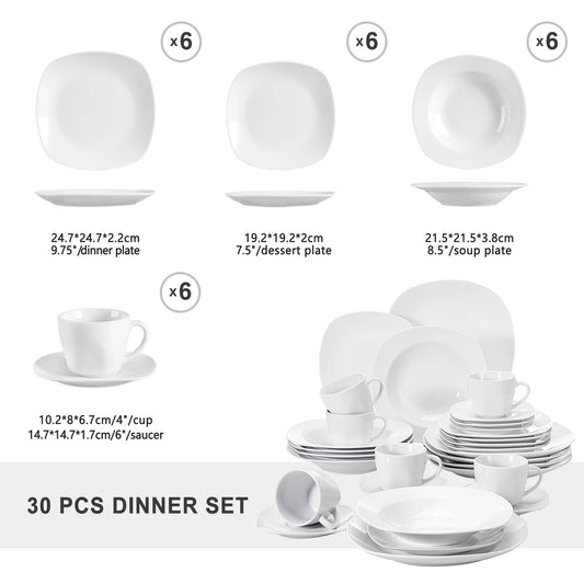 MALACASA Elisa 30-Piece Porcelain Dinnerware Set | 6-Person Ceramic Tableware with Plates, Cups & Saucers – Modern Classic Design