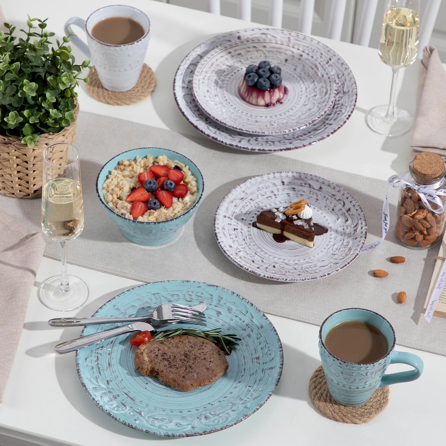 Vancasso VINE 16/32/48-Piece Ceramic Dinnerware Set | Rustic Stoneware Plates, Bowls & Mugs for 12-Person Dining
