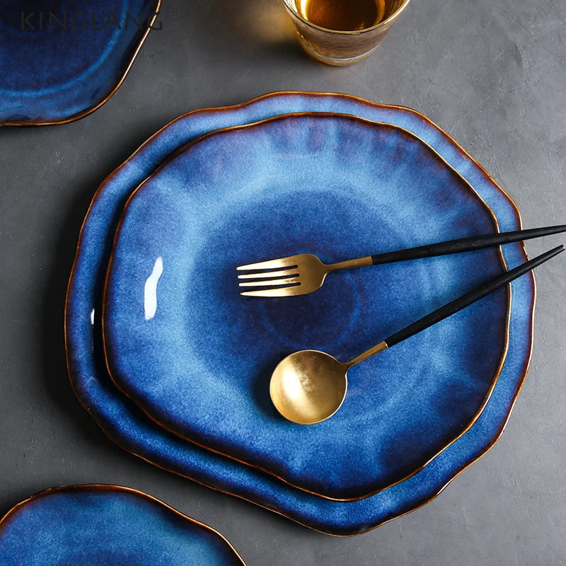 KINGLANG Japanese Ceramic Dinner Plates – Handmade Irregular Pottery Flat Dishes for Modern Dining and Food Presentation