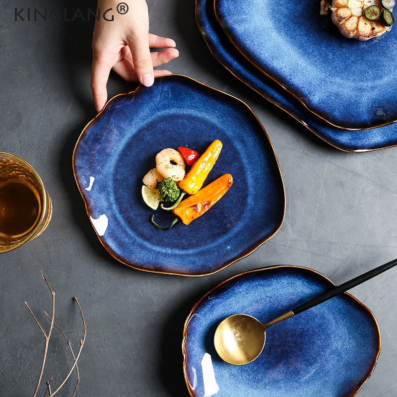 KINGLANG Japanese Ceramic Dinner Plates – Handmade Irregular Pottery Flat Dishes for Modern Dining and Food Presentation