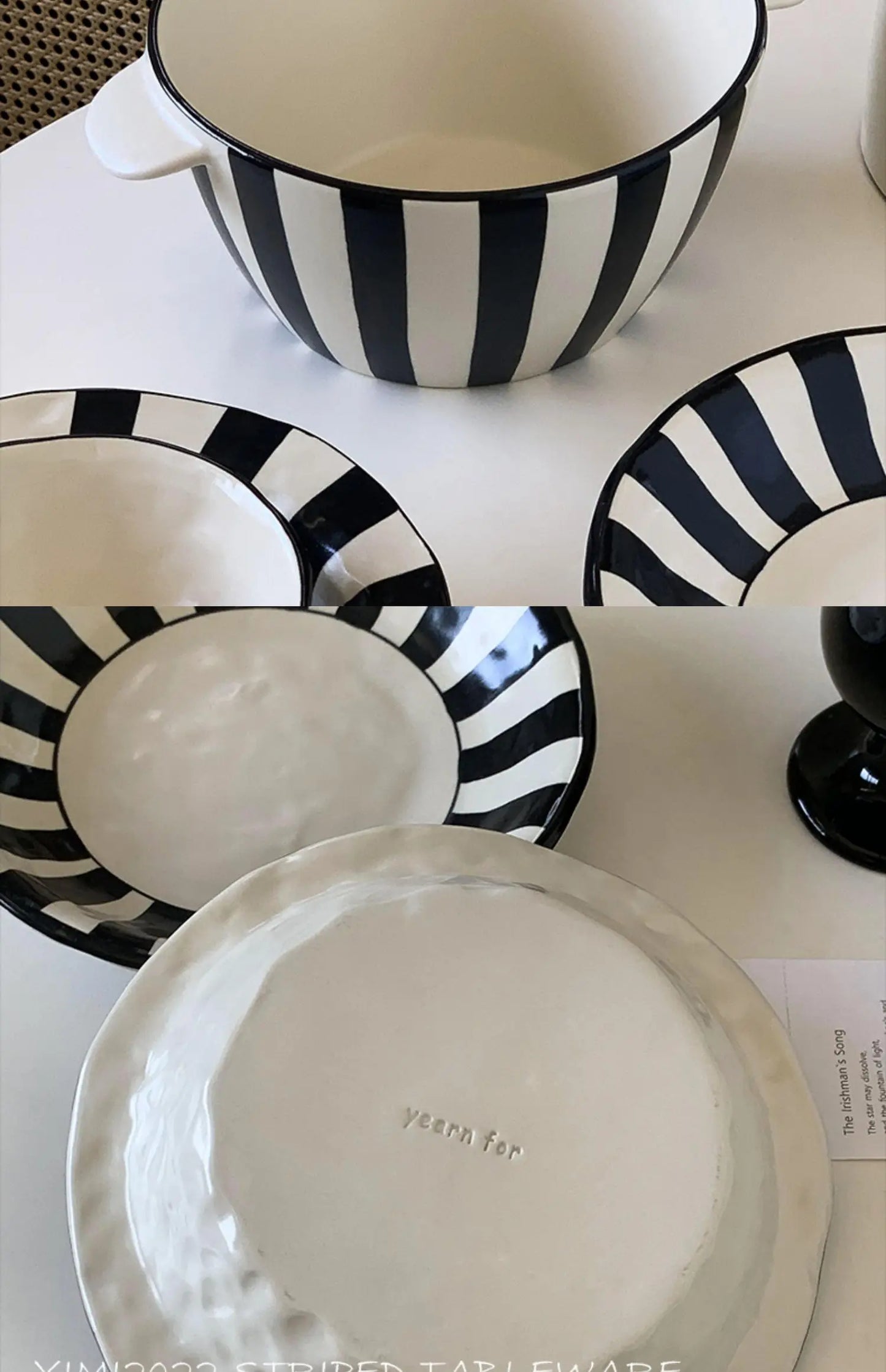 Ins Style Striped Ceramic Bowl – Handcrafted Black & White Tableware for Breakfast, Noodles, Fruits & Desserts