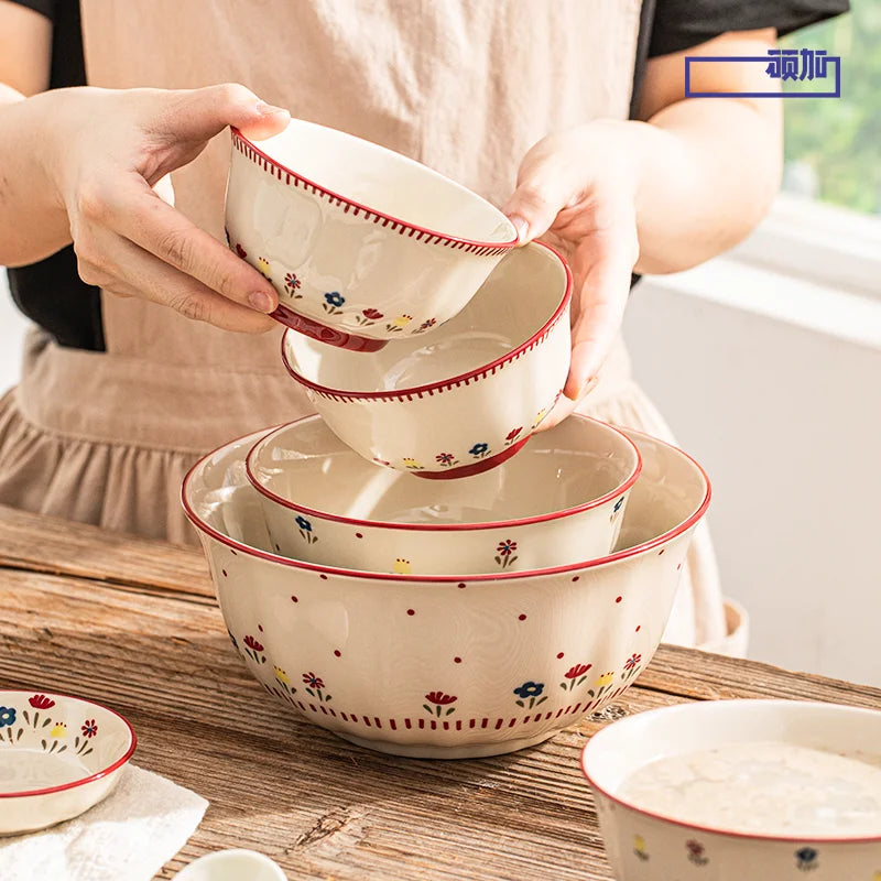 Vintage Floral Ceramic Dinnerware Set – Retro Soup Bowls, Salad & Pasta Plates, Microwave Safe Porcelain Tableware