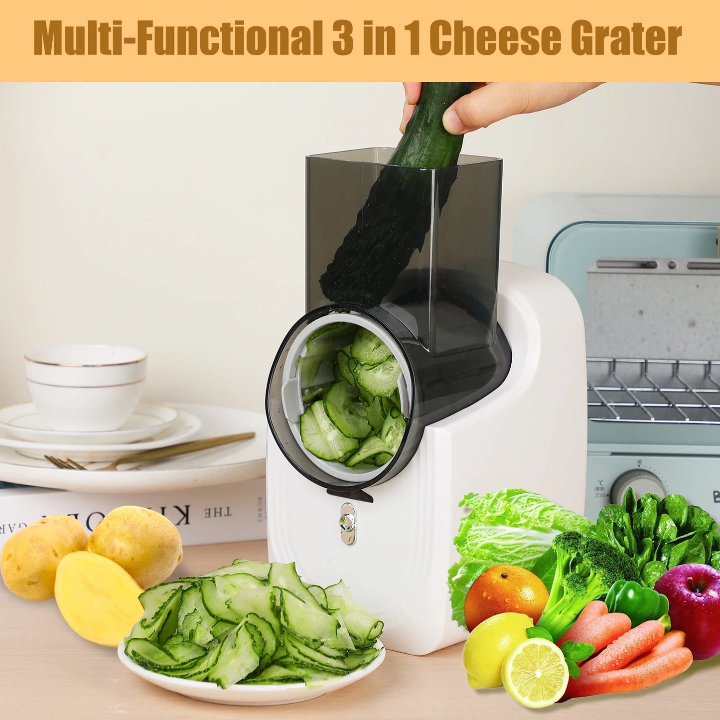 Electric Cheese & Vegetable Grater – 5-in-1 Slicer, Shredder & Food Processor