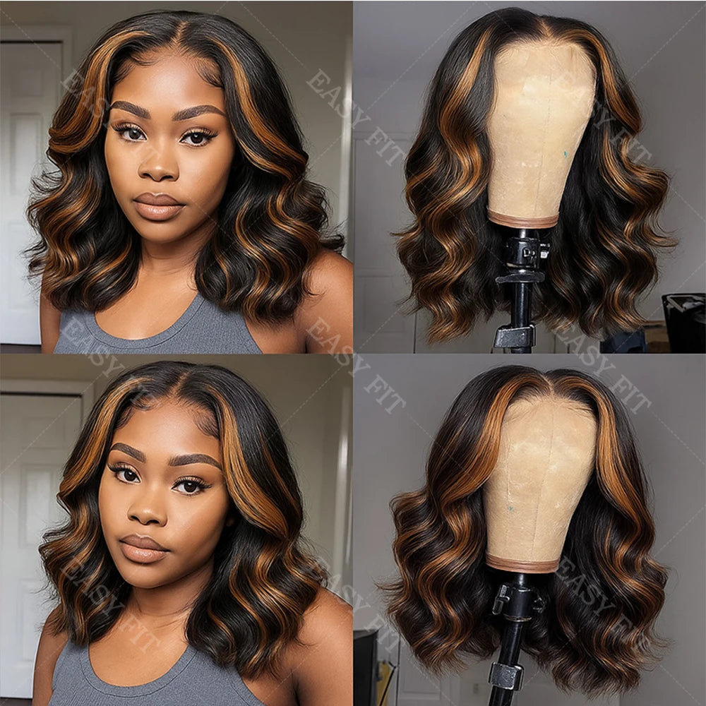 1B/30 Highlight Ombre Short Bob Wig – 13x4 HD Transparent Lace Frontal, Human Hair, Body Wave, 16 Inch