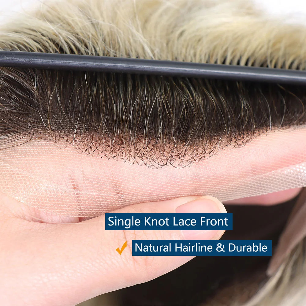 Men's Blonde Human Hair Toupee – Straight, Lace & PU Base, 8x10