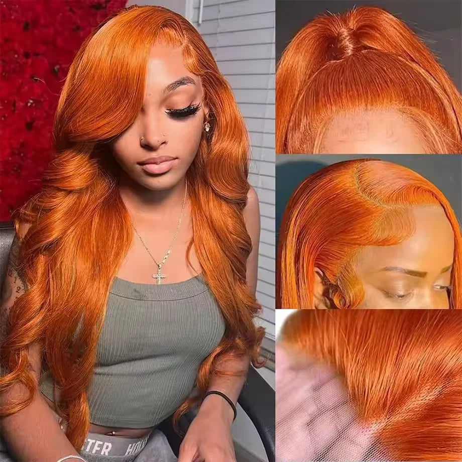 Ginger Orange 13x6 HD Lace Front Body Wave Human Hair Wig (30") – 200% Density, Pre-Plucked Hairline