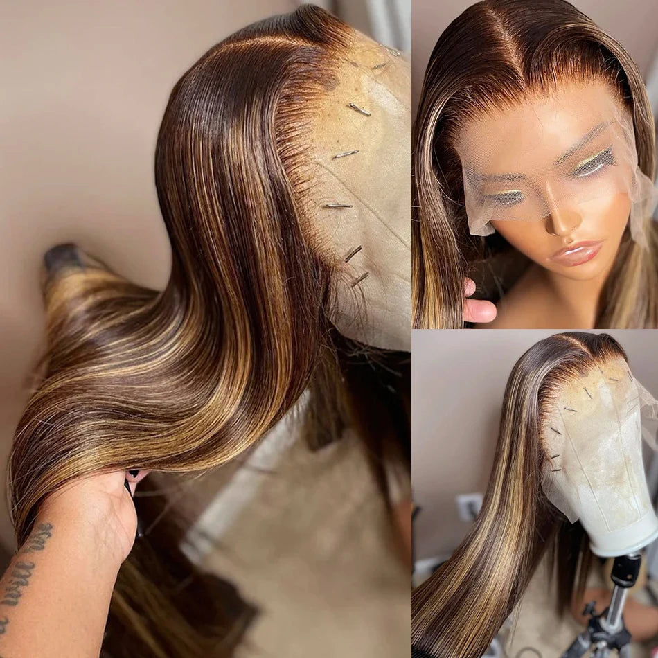 Silkwave 13x4 & 13x6 Highlight Straight Human Hair Lace Front Wig – Brown Blonde 4/27 Pre-Plucked Brazilian Remy