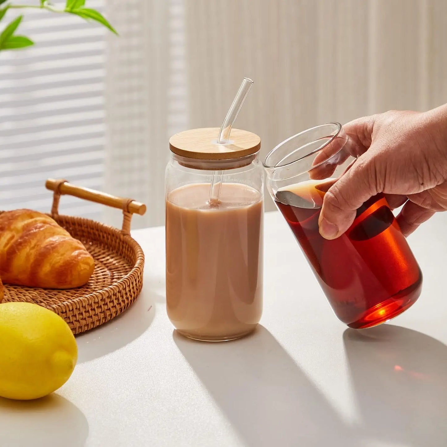 550ml Glass Cup with Bamboo Lid & Straw – Mason Jar Iced Coffee Set (4/6pcs)