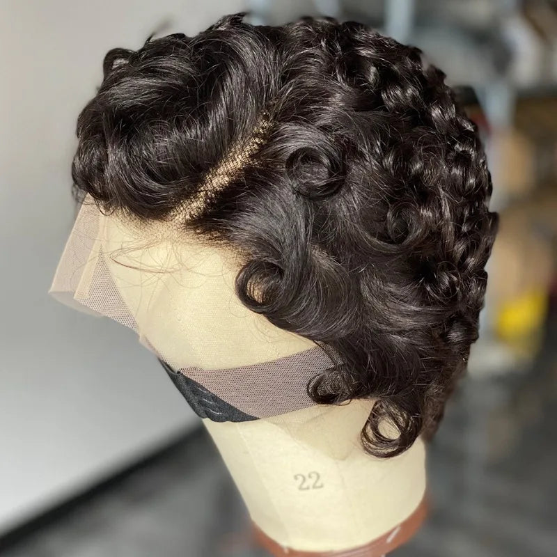 GloTress 13x4 Lace Frontal Pixie Cut Human Hair Wig (Wavy) – 180% Density, 4 Inch, Pre-Plucked Baby Hair