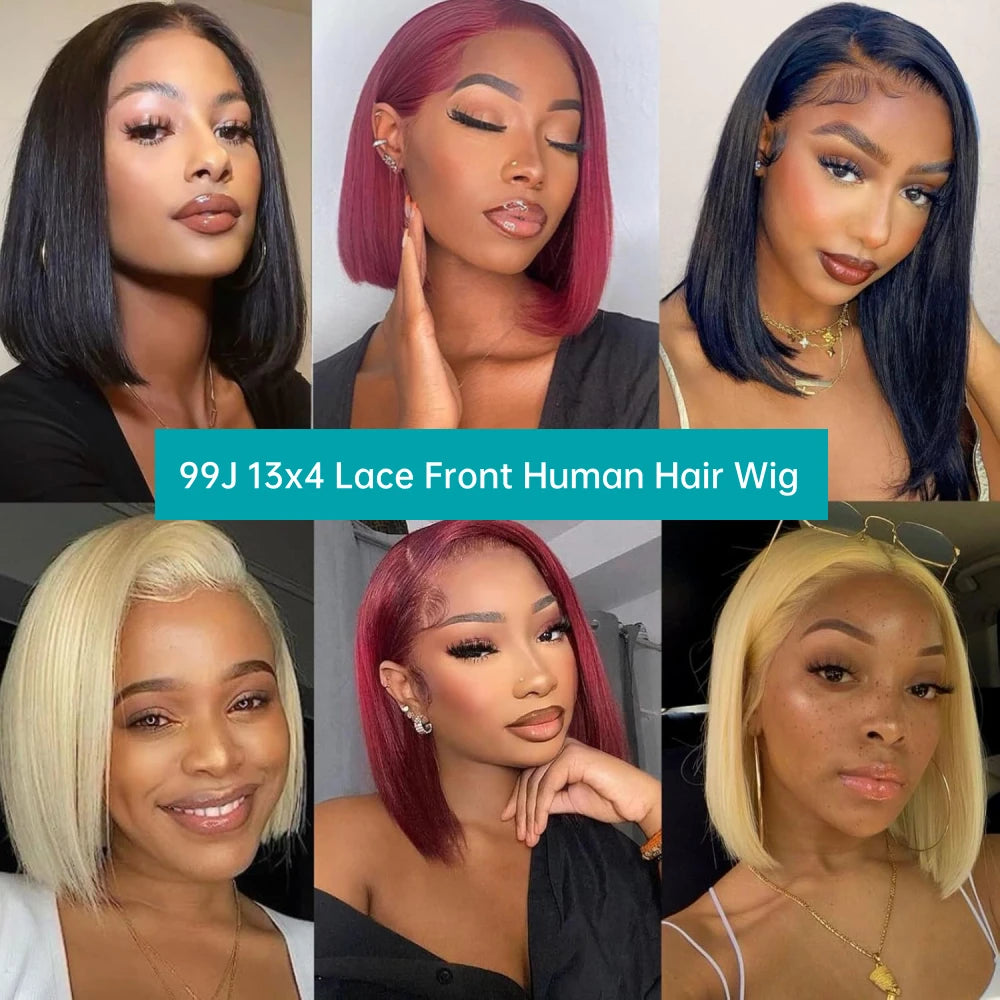 99J Burgundy Bob Wig Human Hair – 13x4 Lace Frontal, Straight, Short Red Wig