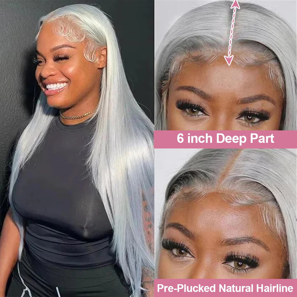 40” Silver Grey Straight HD Lace Front Human Hair Wig (13x6 / 13x4, Brazilian Remy, Pre-Plucked)