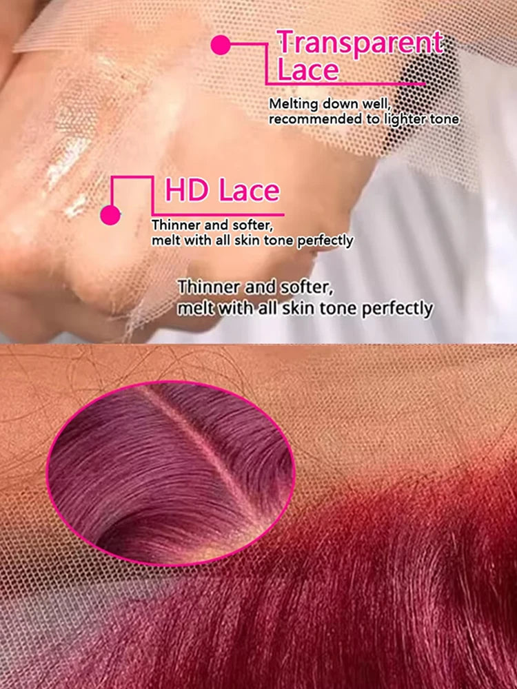 99J Burgundy Body Wave Lace Front Human Hair Wig – 200% Density, 13x4 / 13x6 HD Transparent Lace