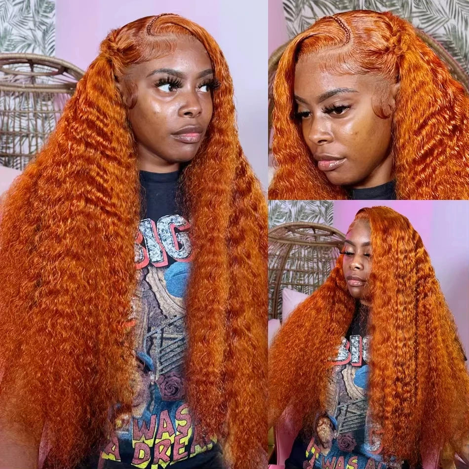 36 Inch Orange Ginger Deep Wave Lace Front Human Hair Wig – 13x4 / 13x6 HD Transparent