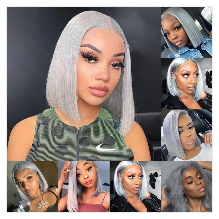 Silver Grey Bob Wig | 13x6 Lace Front Human Hair Wig | Straight Brazilian Remy Hair | 200% 250% Density