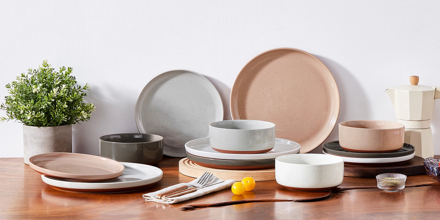 MALACASA TARA 12/24-Piece Stoneware Dinnerware Set – Curved Edge Sesame Glaze Plates & Bowls for 4/6 Person Dining