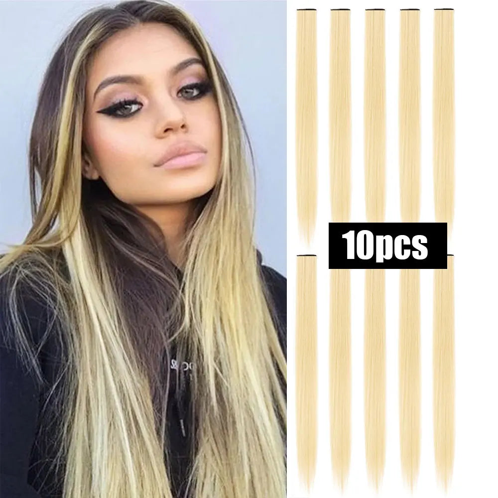 Colored Highlight Clip-In Hair Extensions | Synthetic Straight | 10pcs | Multi-Color | Party & Cosplay