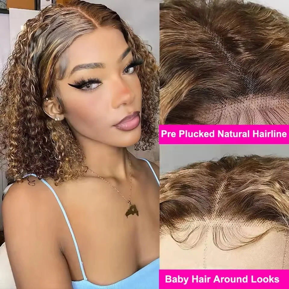 Deep Wave Short Bob Honey Blonde Highlight HD Lace Front Human Hair Wig (13x4)