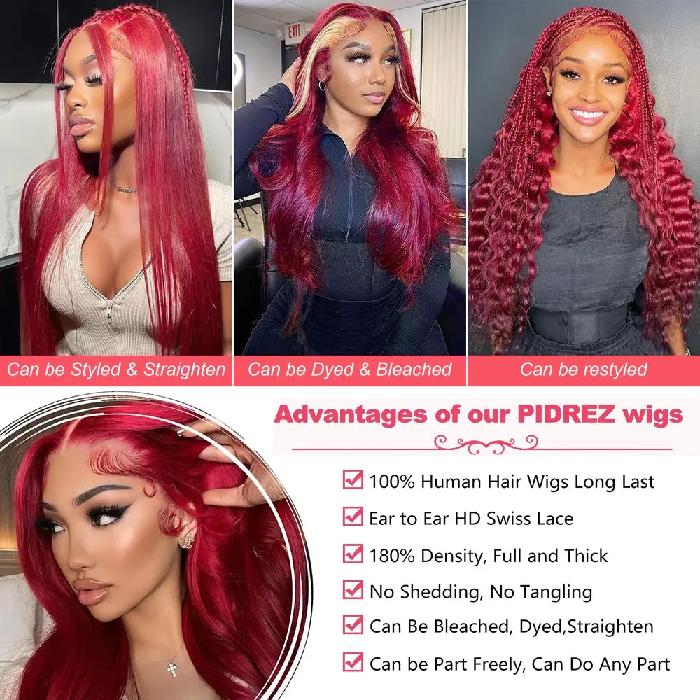 Fuduete 99J Burgundy Body Wave HD Lace Front Wig | Brazilian Remy Human Hair | Transparent Lace