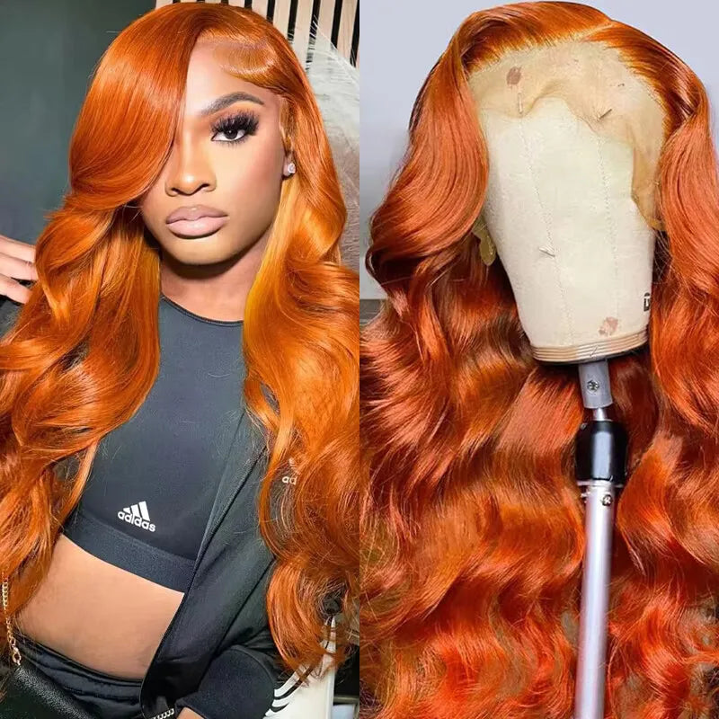 Ginger Orange Body Wave 13x6 Transparent Lace Front Human Hair Wig #350 200% Density