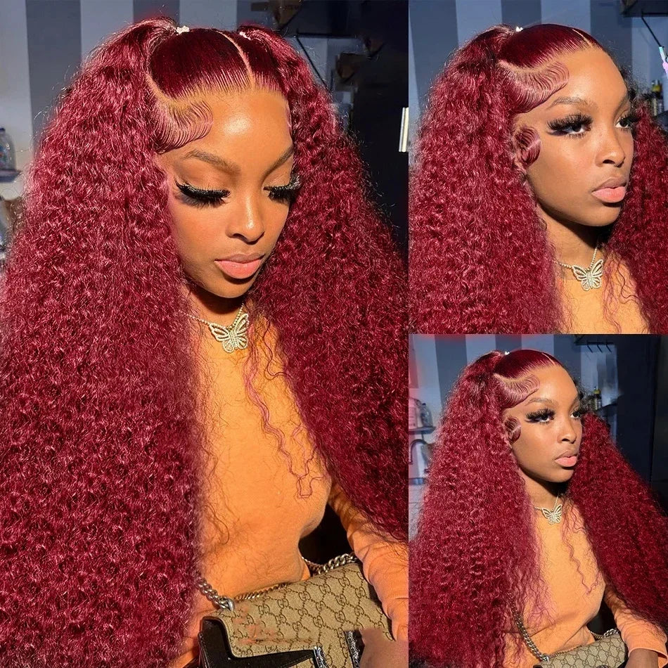 99J Burgundy Deep Wave HD Lace Front Wig – 13x6 & 13x4 Human Hair Frontal, Long Curly Red Wig