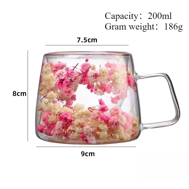 🌸 Double Wall Flower Glass Cup – Handmade Borosilicate Tea Mug 180ml