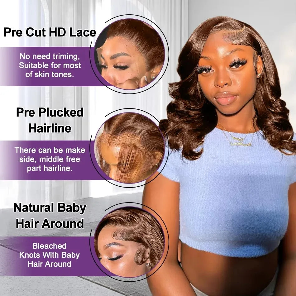 Short Bob Body Wave HD Lace Front Wig – Chocolate Brown #2 | 13×4 Human Hair Wig with Natural Hairline