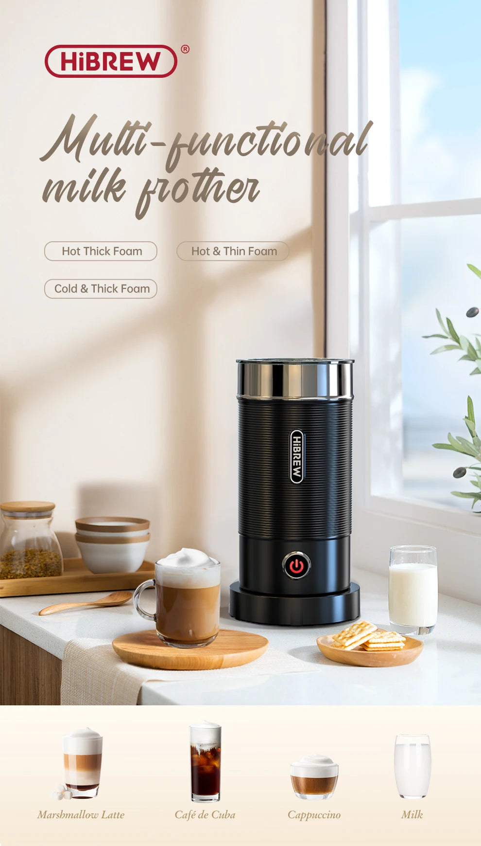 HiBREW M1A Milk Frother – Hot & Cold Electric Foam Maker for Latte, Cappuccino & Chocolate