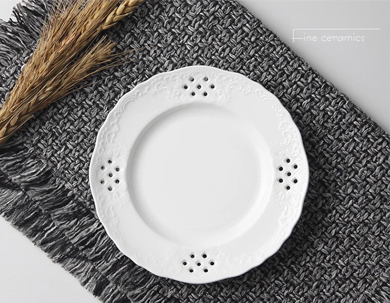 White Embossed Porcelain Plate – 6-Inch Round Ceramic Serving Dish for Weddings, Parties & Elegant Buffet Displays