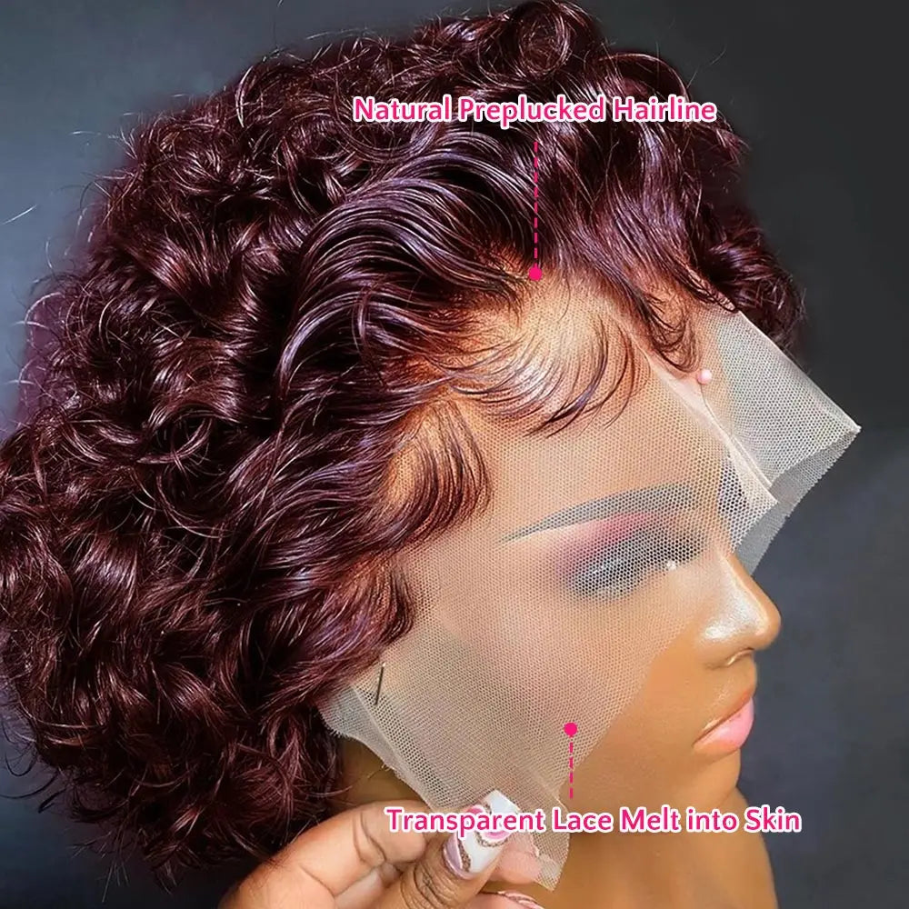 99J Burgundy Highlight Short Curly Pixie Cut Human Hair Lace Front Wig – Pre-Plucked 13×2 Bob Style