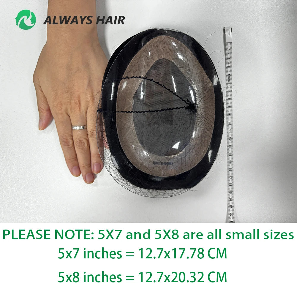 Alwayshair Fine Mono Men Short Toupee 5” Indian Hair Men’s Capillary Prosthesis Monofilament 120 130 Hair System 9x11