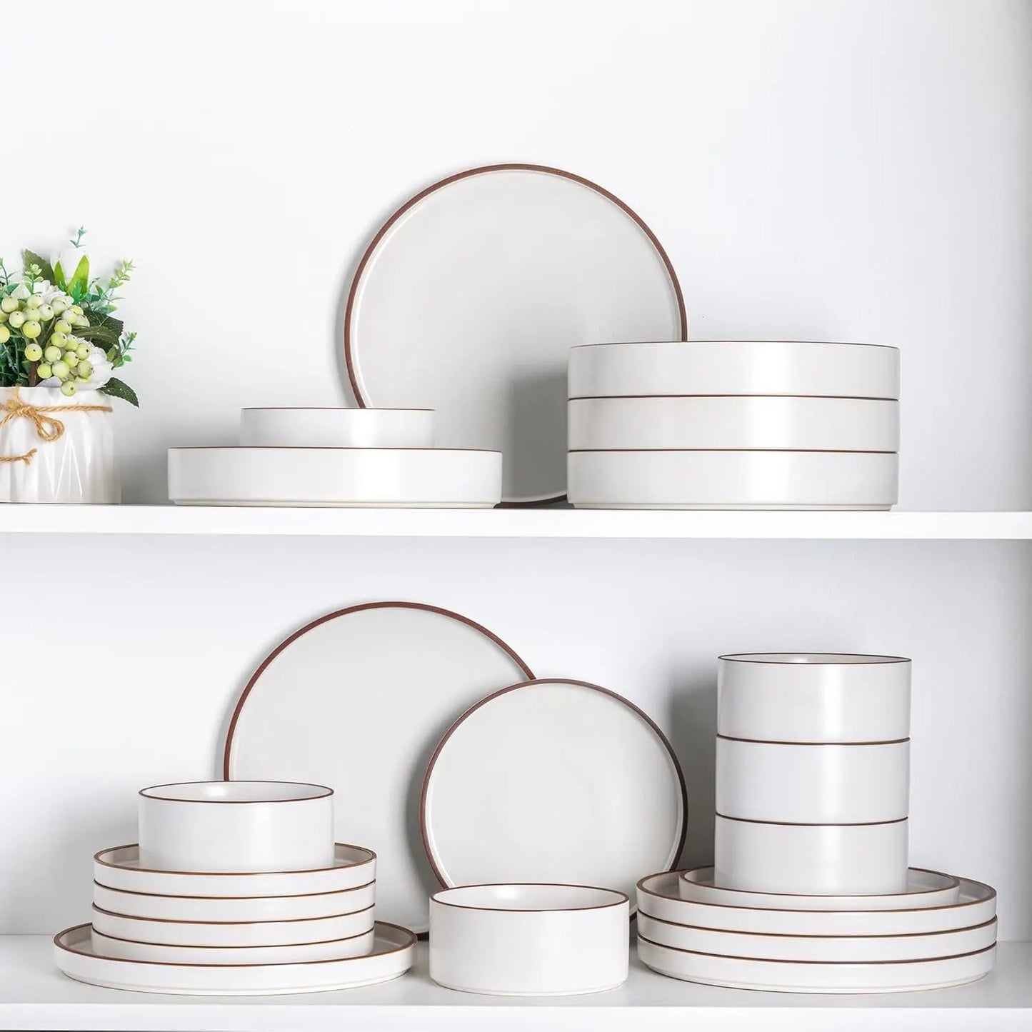 LeRatio 24-Piece Ceramic Dinnerware Set for 6 | High-Edge Stoneware Plates & Bowls, Oven & Dishwasher Safe