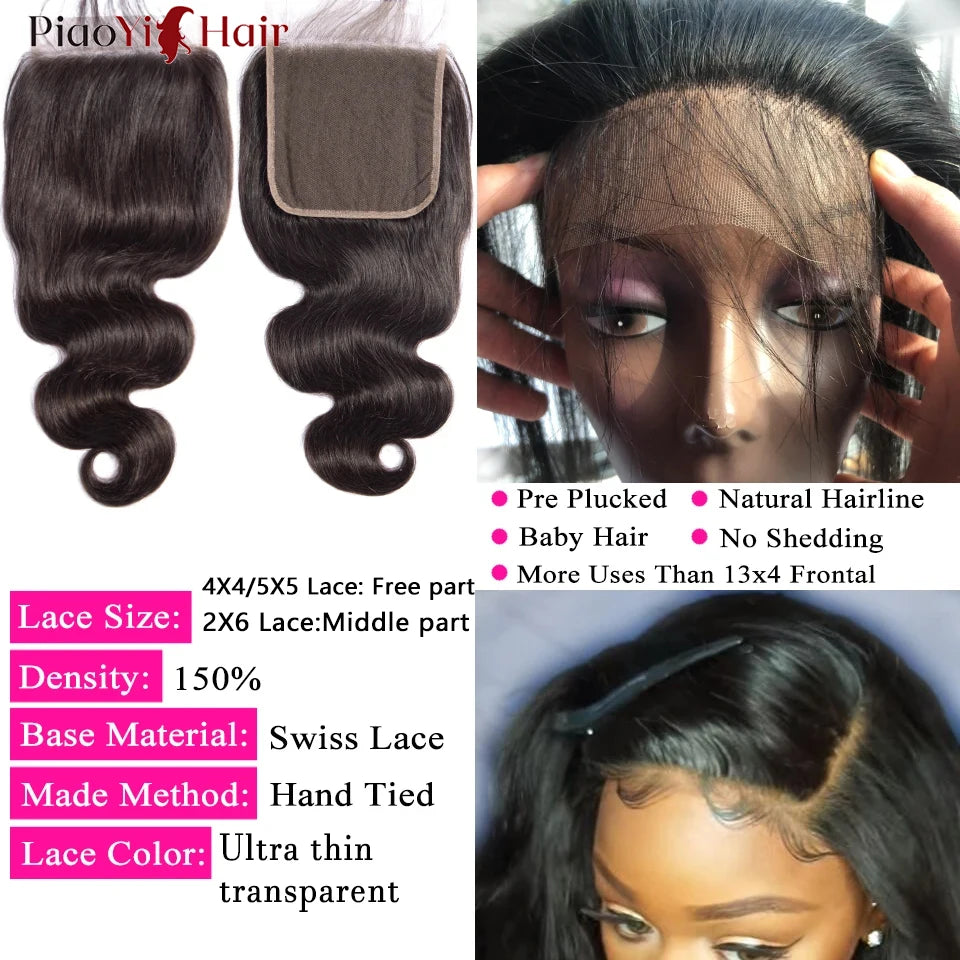 Body Wave Human Hair Bundles with Lace Closure | Brazilian Remy | 4x4 5x5 2x6 | 12-32 Inch | Natural Black