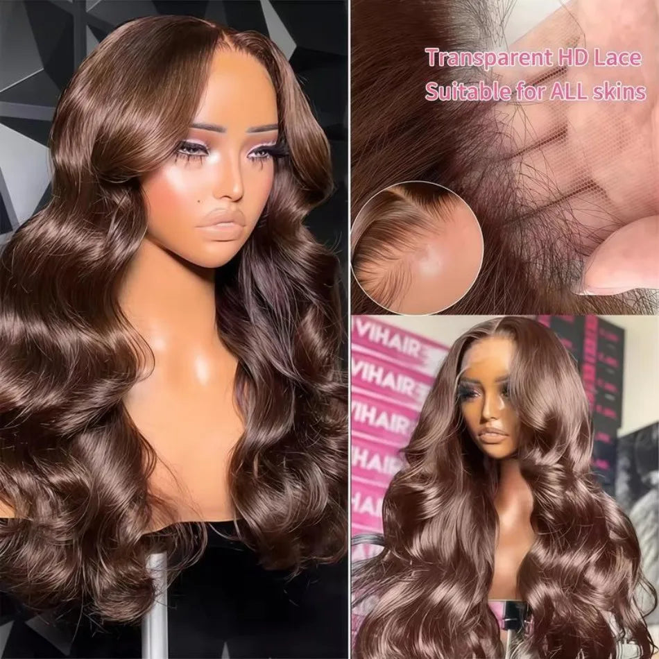 Chocolate Brown 13x6 HD Lace Frontal Body Wave Human Hair Wig (30", Pre-Plucked, Free Parting)