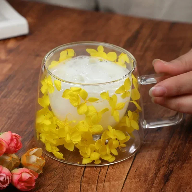 🌸 Double Wall Flower Glass Cup – Handmade Borosilicate Tea Mug 180ml