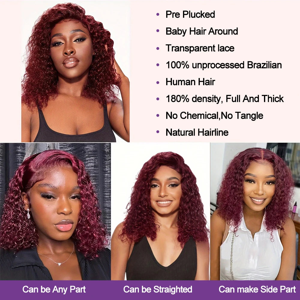 Burgundy 99J Deep Wave Bob Human Hair Wig – 13x6 / 13x4 HD Lace Front Glueless Short Curly Wig