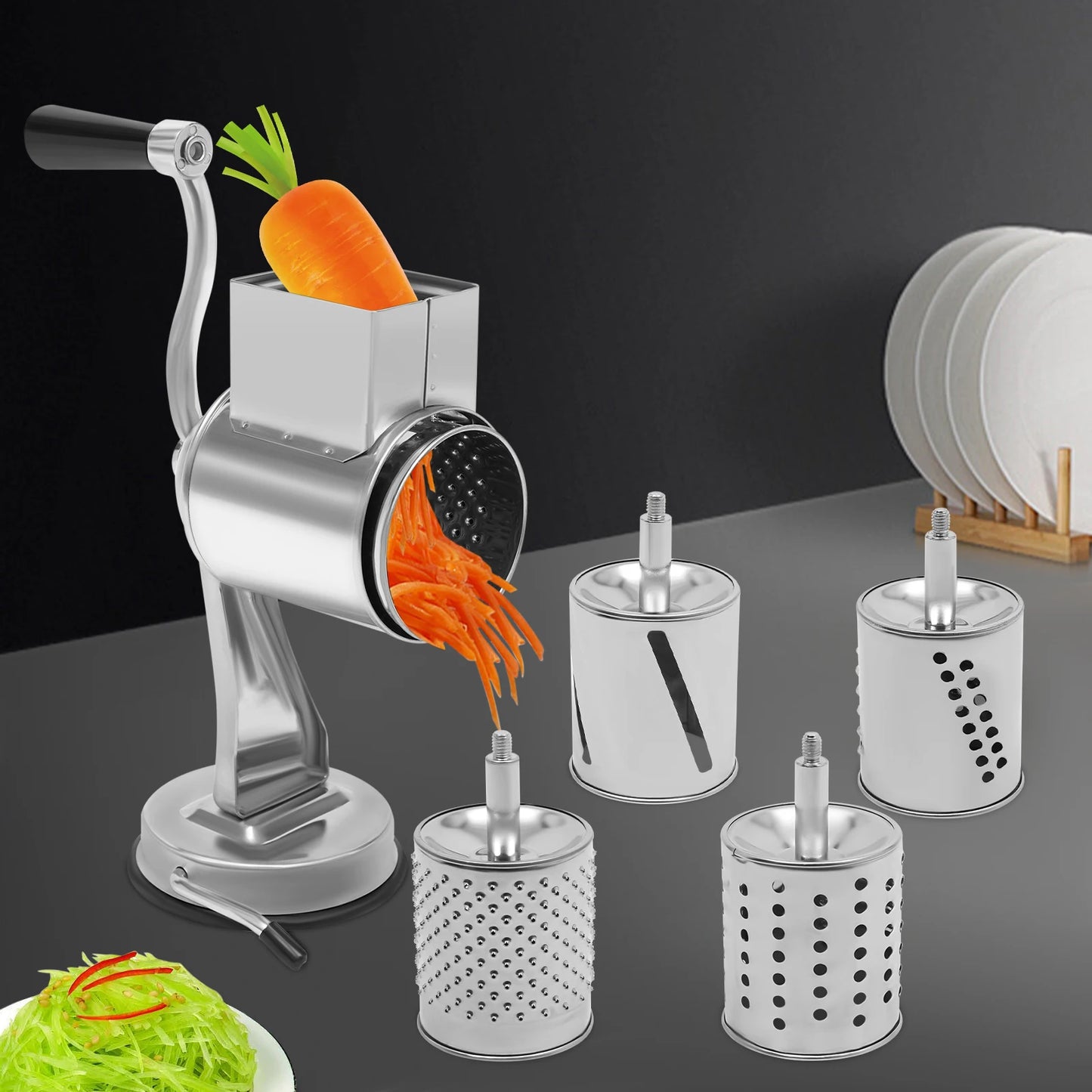 Manual Rotary Grater – 5-in-1 Stainless Steel Vegetable & Cheese Slicer Grinder