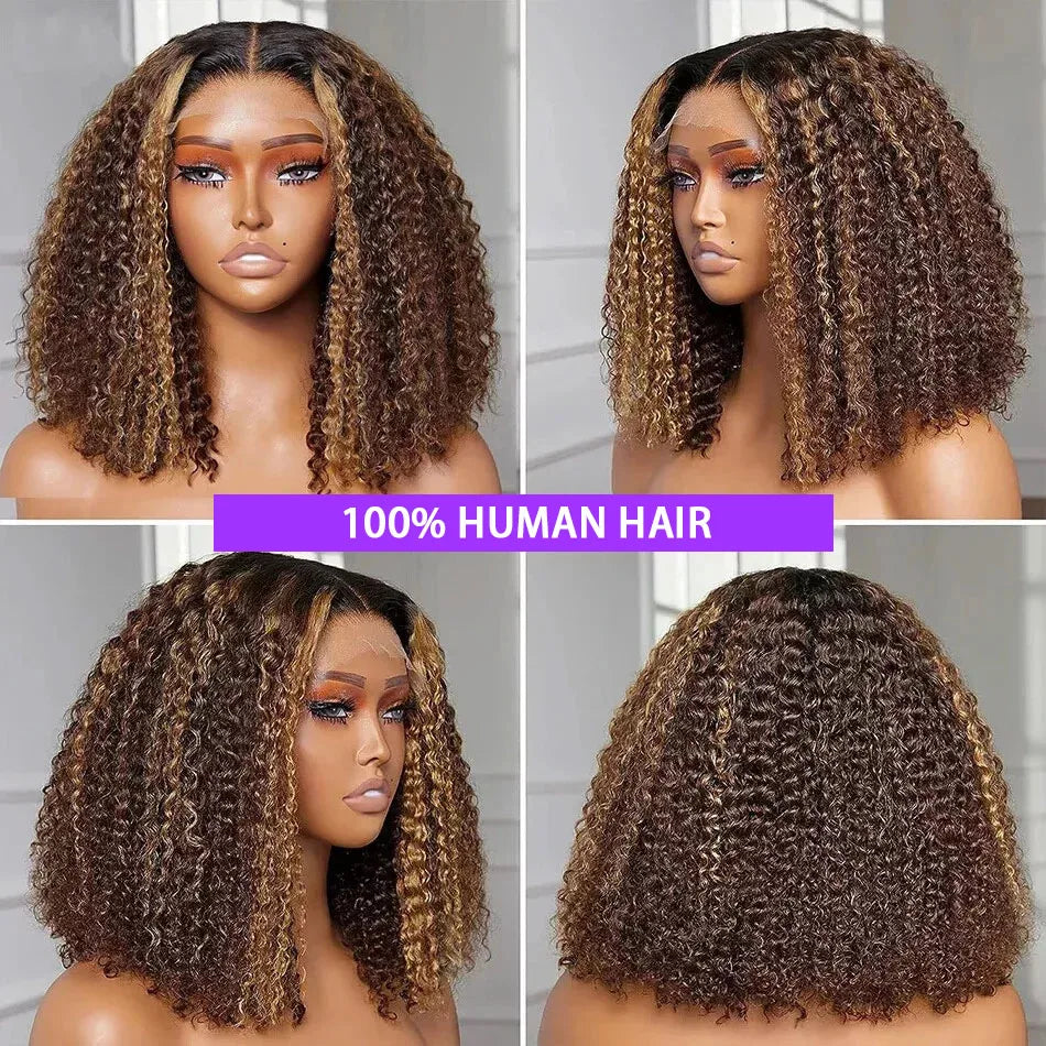 250% Density Highlight Deep Wave Curly Bob Human Hair Wig 13x4 Transparent Lace Front