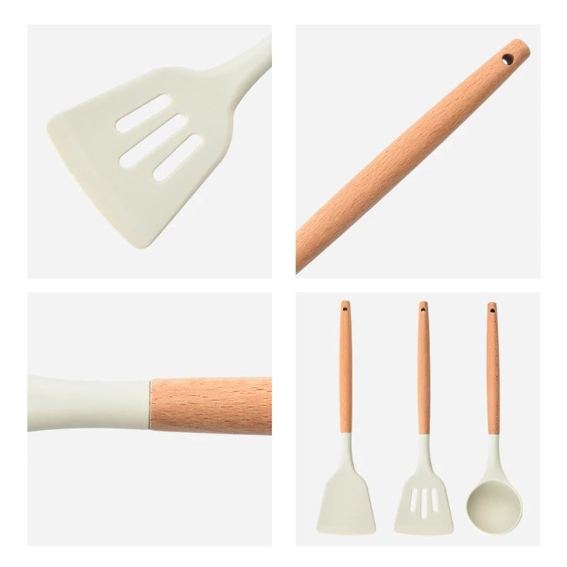 Silicone Kitchen Utensil Set with Wooden Handle – Nonstick Cooking Tools