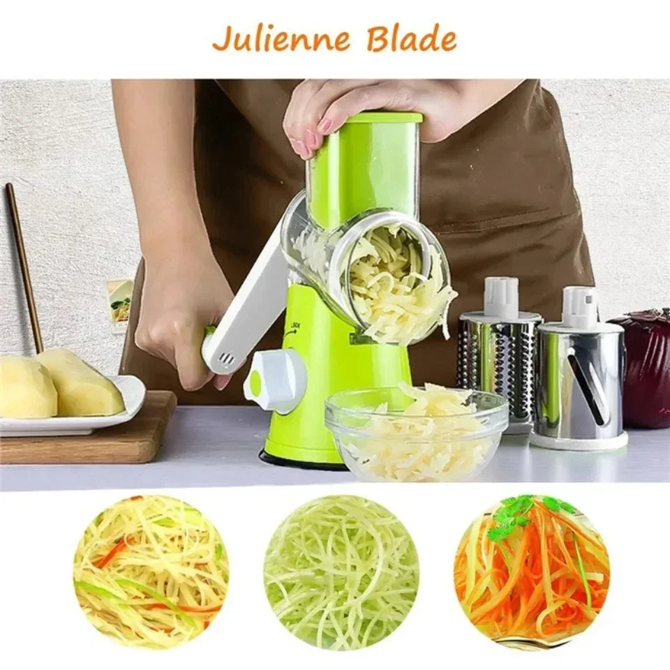 Manual Vegetable Cutter & Cheese Slicer – 3 Drum Blades for Shredding, Slicing & Grating