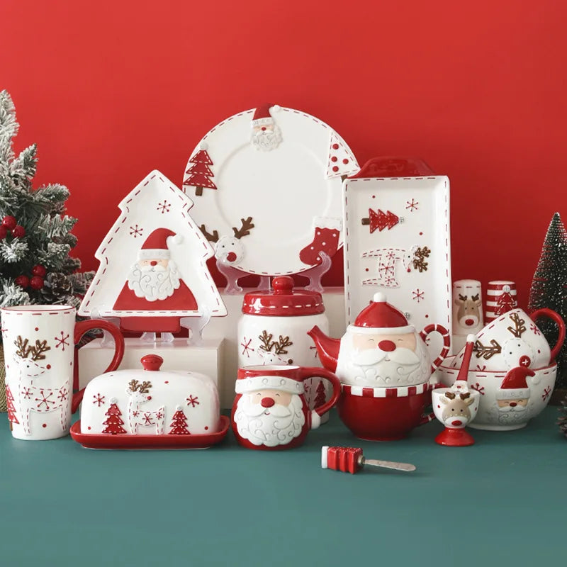 Christmas Ceramic Dinnerware Set – Santa, Snowman, and Tree Plates, Mugs & Bowls for Festive Holiday Table Decor