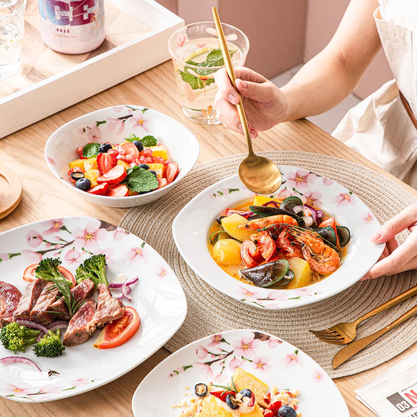 VEWEET ANNIE 48-Piece Porcelain Dinnerware Set | 12-Person Floral Ceramic Tableware with Plates & Bowls – Elegant Home Dining