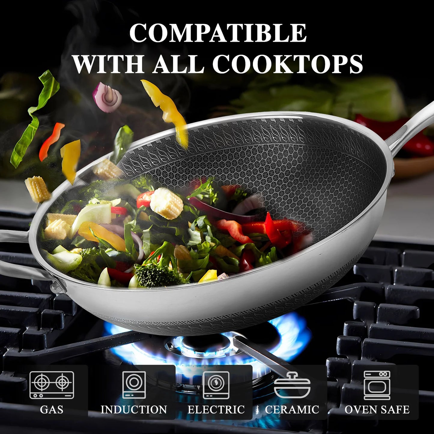13-Inch Hybrid Stainless Steel Wok with Lid – PFOA-Free Nonstick Cookware