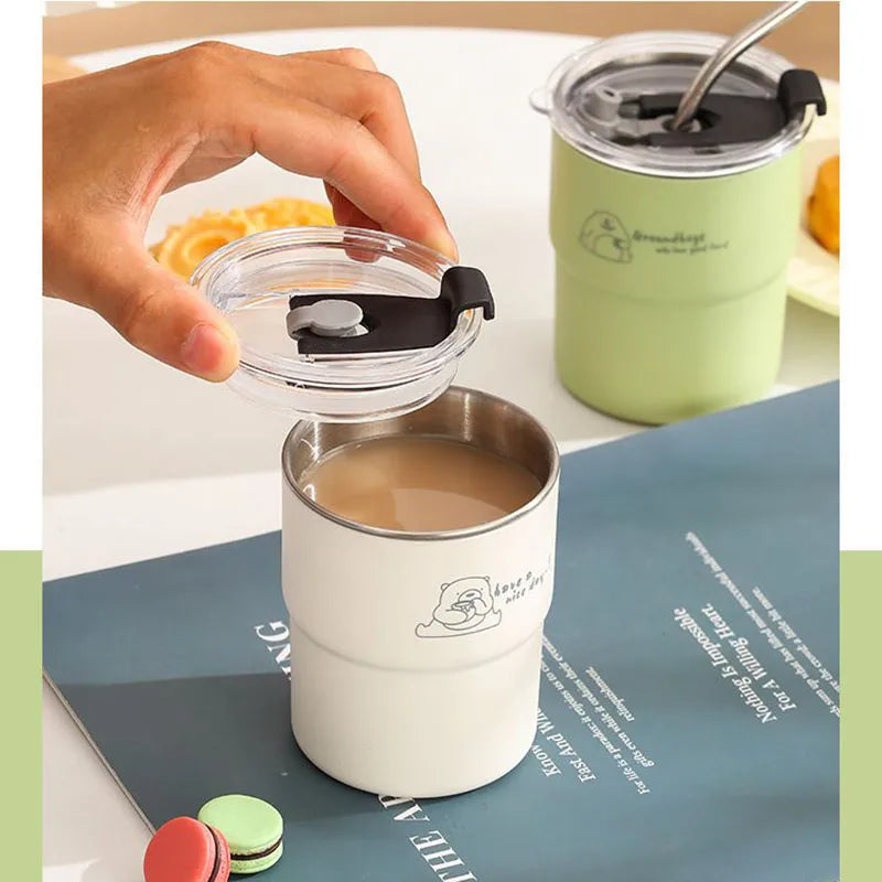 300ml Stainless Steel Tumbler with Straw & Lid – Portable Coffee Travel Mug