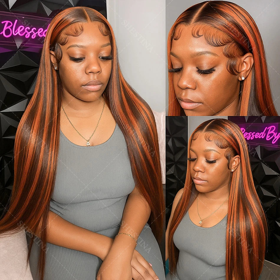 Brown Ginger Highlight Straight Wig – 5x5 Glueless & 13x4 HD Lace Front Human Hair