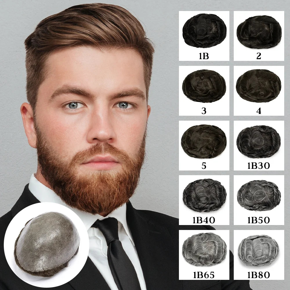 Men's Indian Human Hair Toupee – PU Skin Base, 120/130% Density